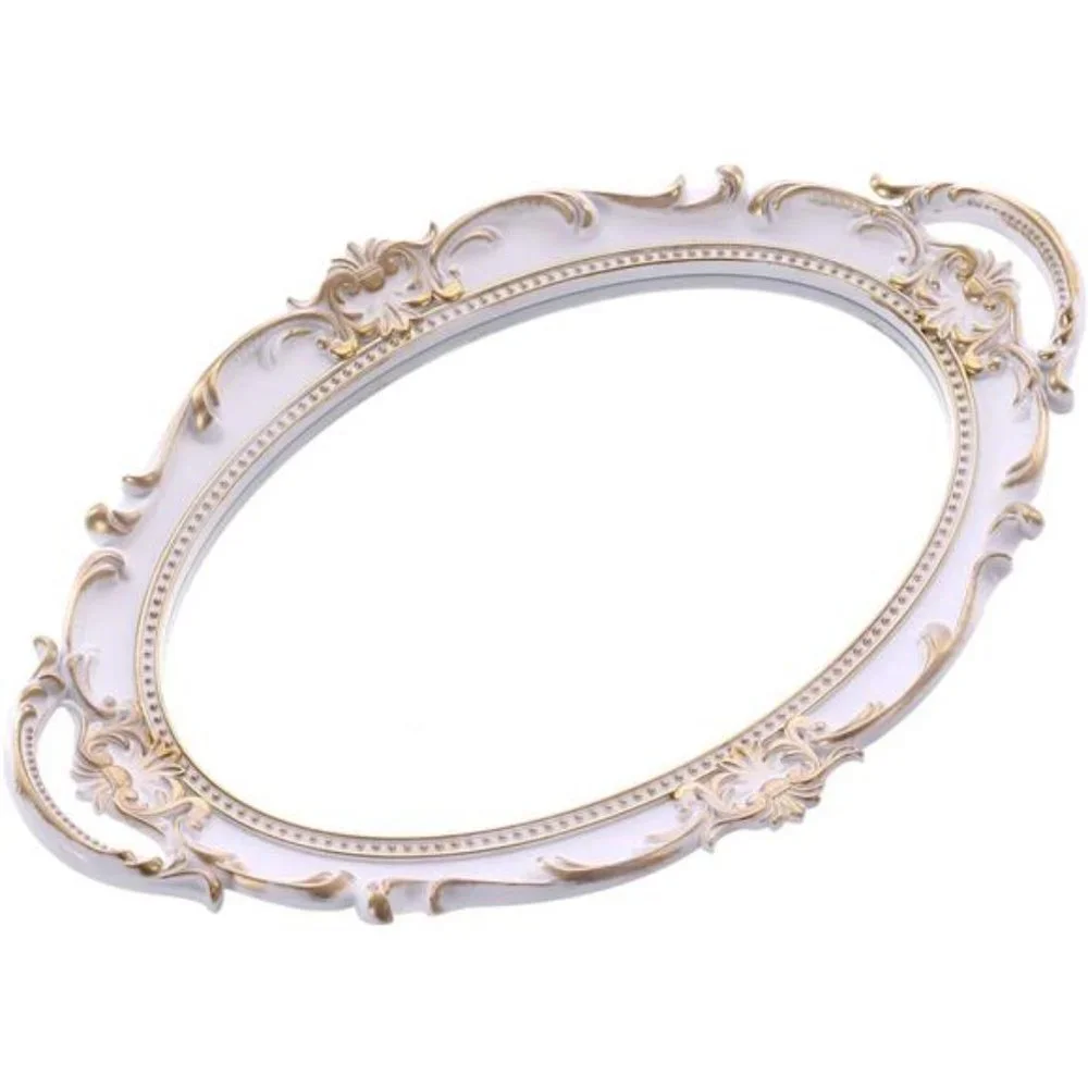 Decorative Bathroom Vanity Tray Decor, White and Gold Mirror Tray for Dessert